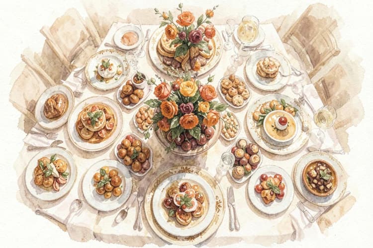 Mesa de buffet com diversos pratos finos e arranjos de flores.