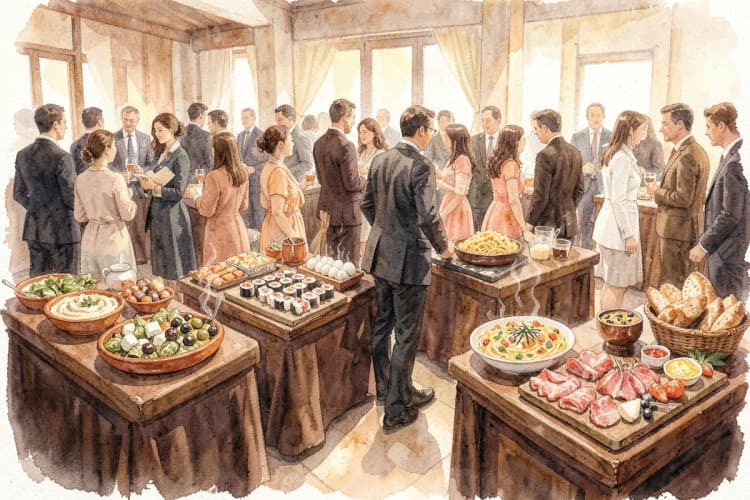 Variedade de ilhas gastronômicas em um evento de casamento.