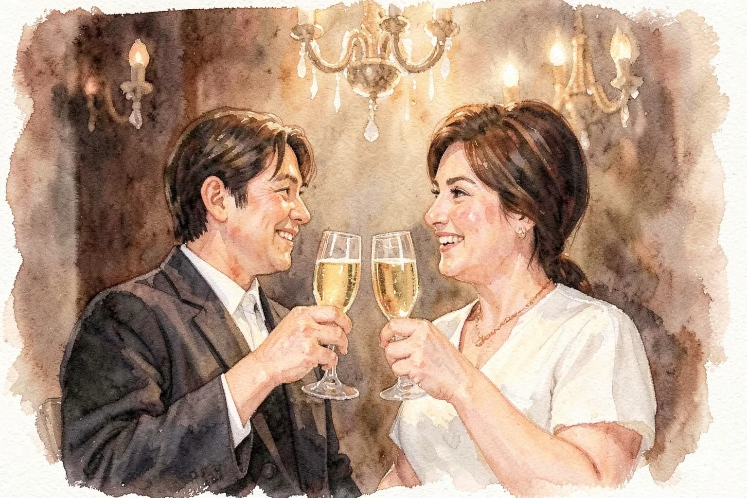 Casal brindando com taças de champanhe em um salão de festas decorado para casamento.