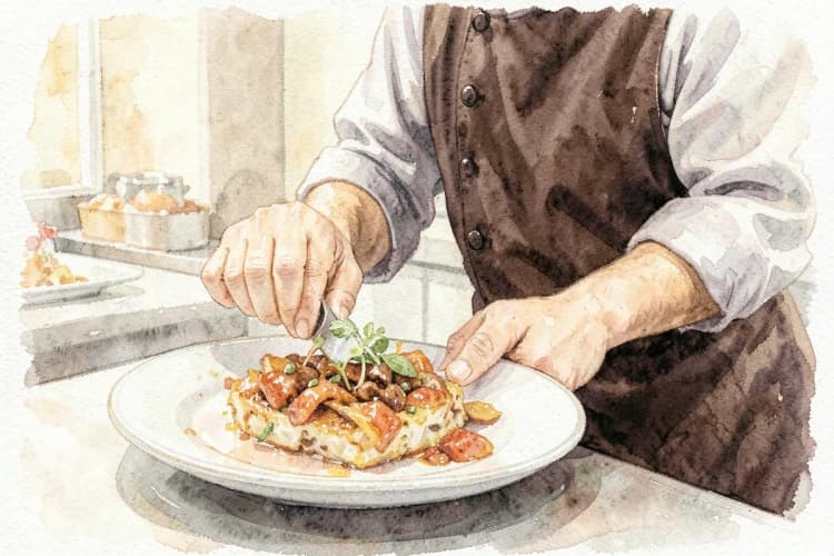 Chef servindo pratos gourmet em um buffet autoral.