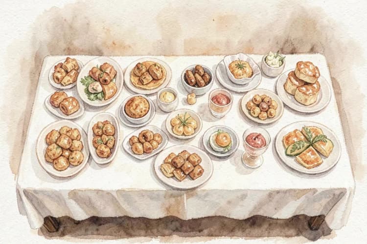 Variedade de pratos em um buffet com pacote fechado, com foco na quantidade.