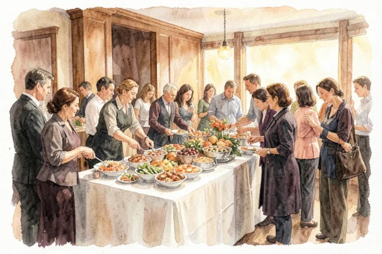Convidados se servindo em um buffet com pacote fechado, ambiente de celebração.