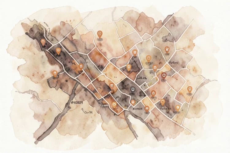 Mapa estilizado mostrando diferentes cidades com ícones de restaurantes.