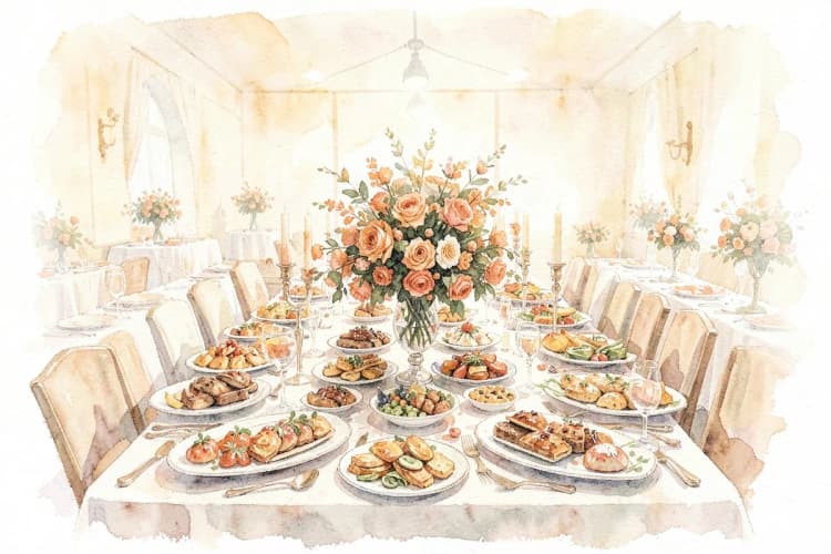 Mesa de buffet com diversos pratos finamente decorados e arranjos de flores.