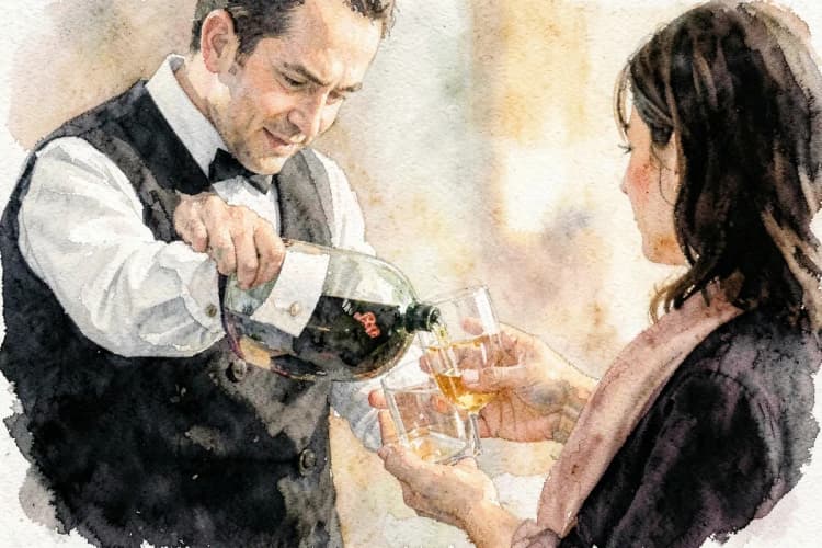 Close-up de um garçom servindo uma bebida a um convidado em um casamento.