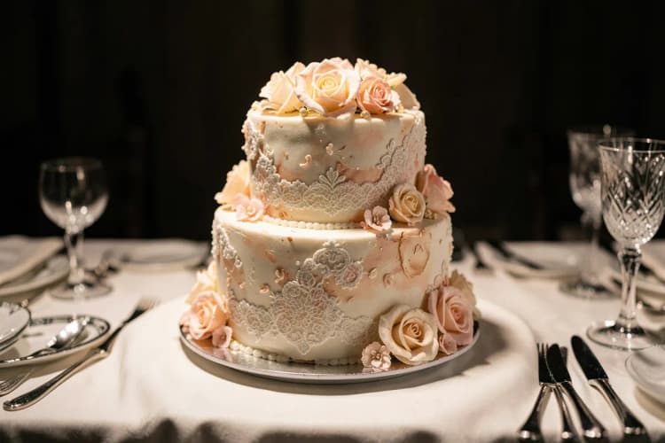 Detalhe de um bolo de casamento decorado em uma mesa de doces.