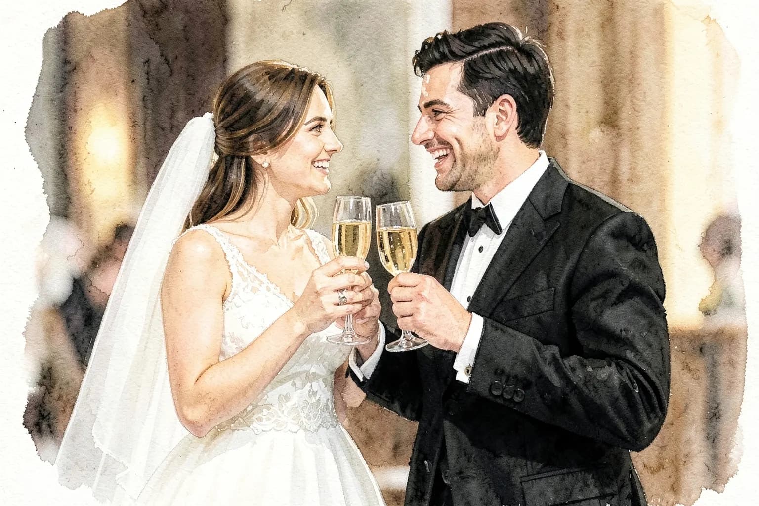 Casal sorrindo e brindando com taças de champanhe em um salão de festas decorado.
