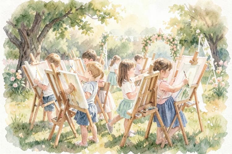 Crianças pintando em cavaletes durante uma festa de casamento