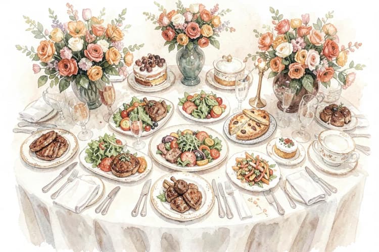 Mesa de buffet decorada com diversos pratos finos e arranjos florais.