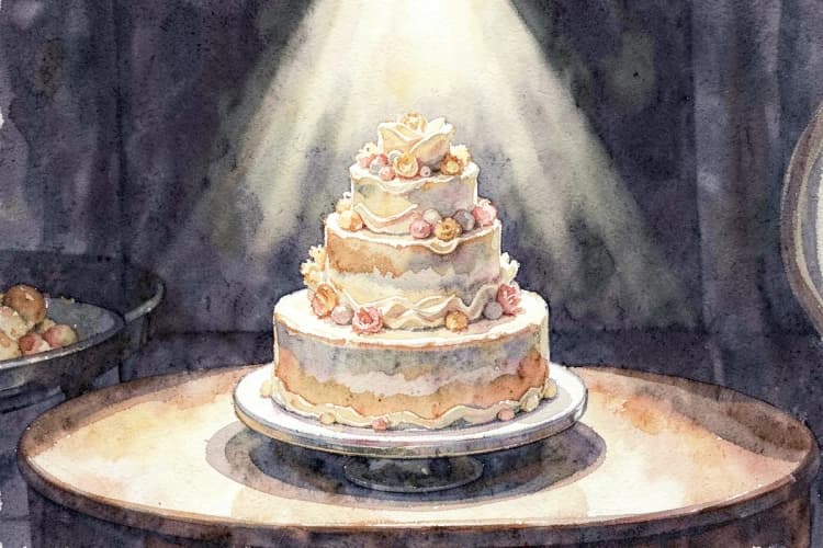 Bolo de casamento decorado em uma mesa de buffet.