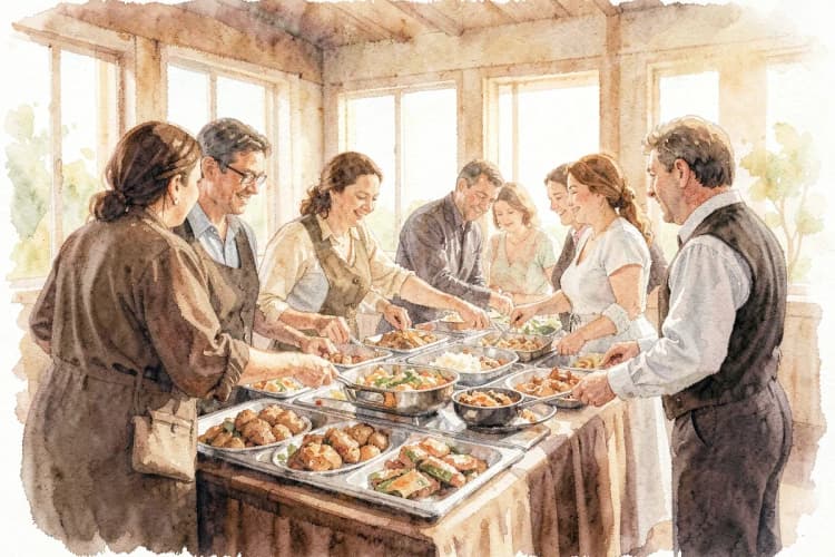 Pessoas escolhendo comida em um buffet de casamento.