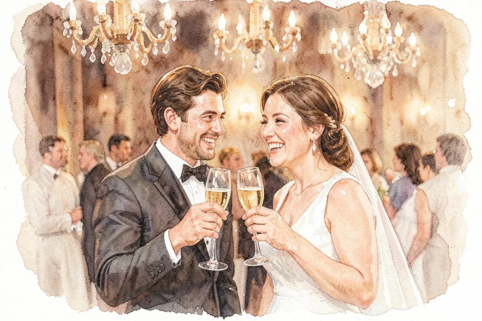 Casal sorrindo e brindando com taças de champanhe em uma festa de casamento elegante.