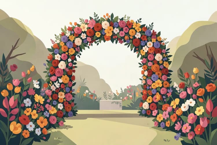 Cerimônia de casamento em um jardim florido com arco de flores.