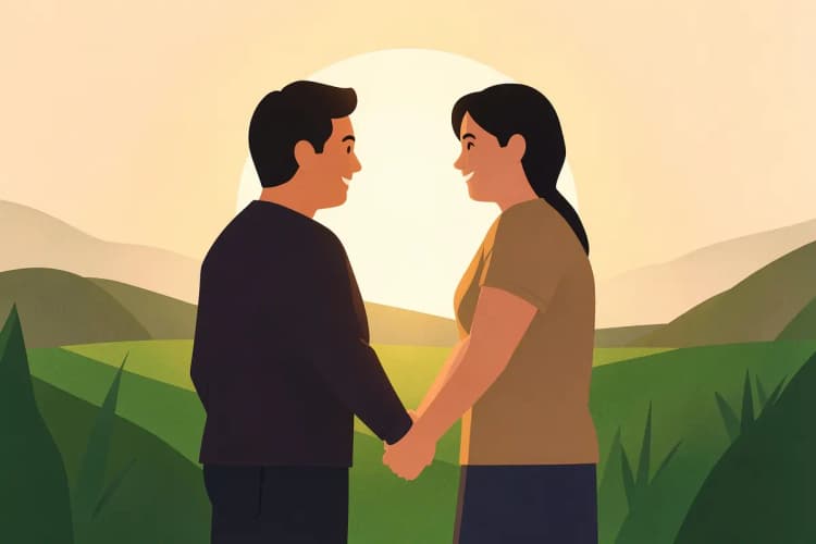Casal feliz de mãos dadas em um campo verde.