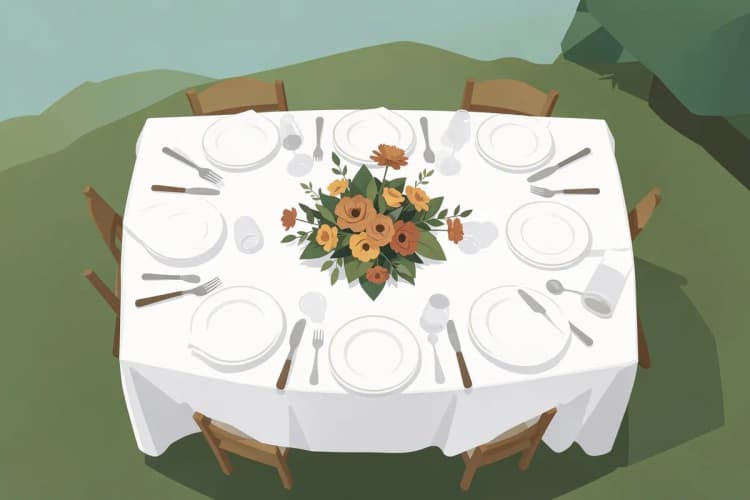 Mesa de recepção de casamento ao ar livre com arranjos florais e toalhas brancas.