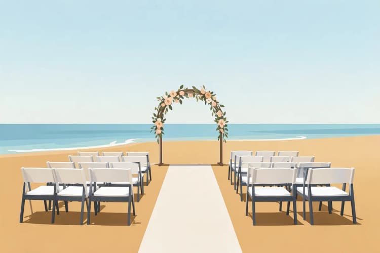 Paisagem de praia com local de cerimônia montado para um casamento.