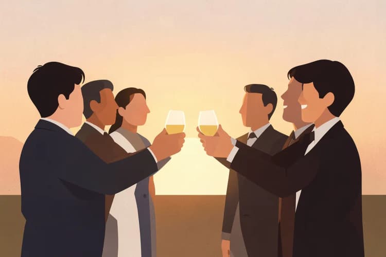 Convidados brindando em um casamento ao ar livre durante o pôr do sol.