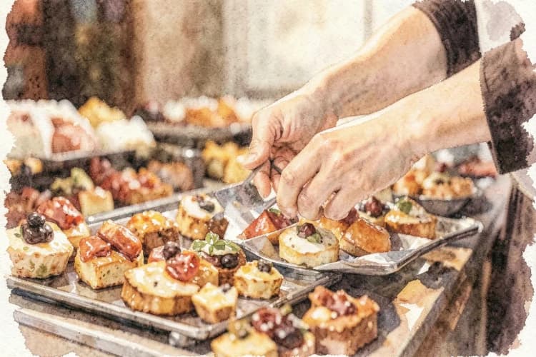 Mãos servindo salgadinhos variados de uma mesa de buffet em um casamento.
