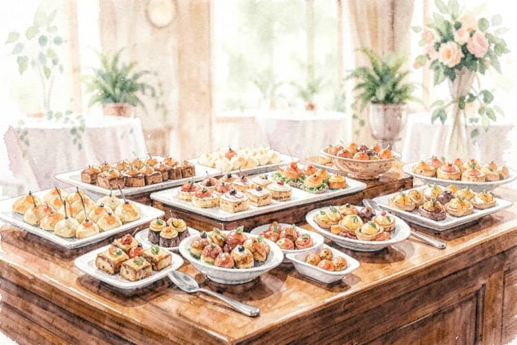 Pratos com comida de casamento sendo expostos em um buffet.
