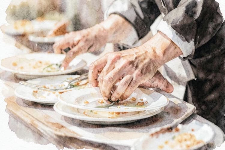 Detalhe de um garçom organizando pratos em um buffet de casamento.