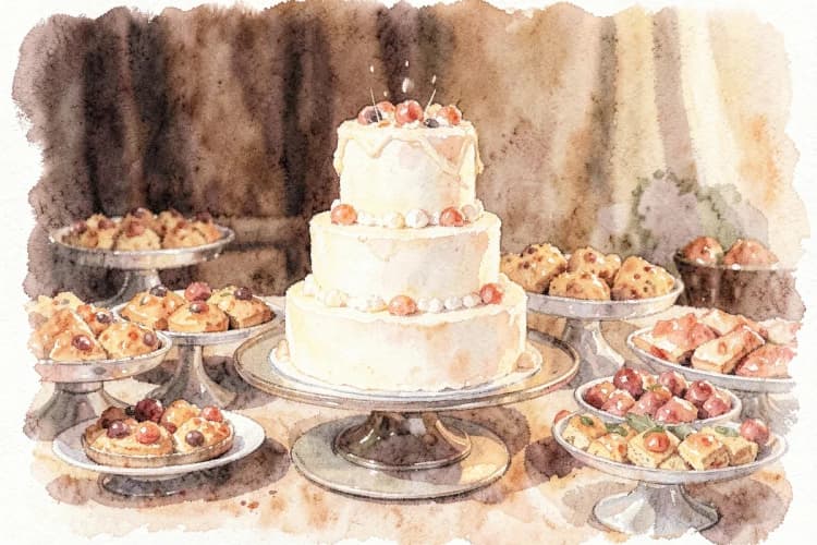 Bolo de casamento em destaque em uma mesa de buffet.
