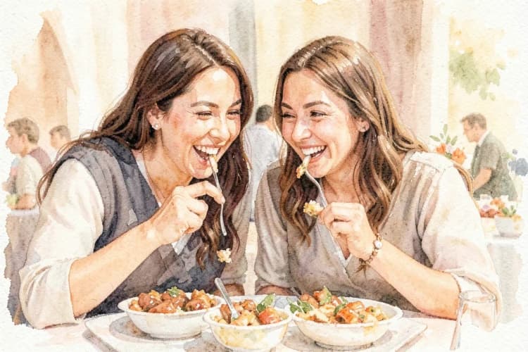 Casal de noivos experimentando comida em um buffet de casamento.