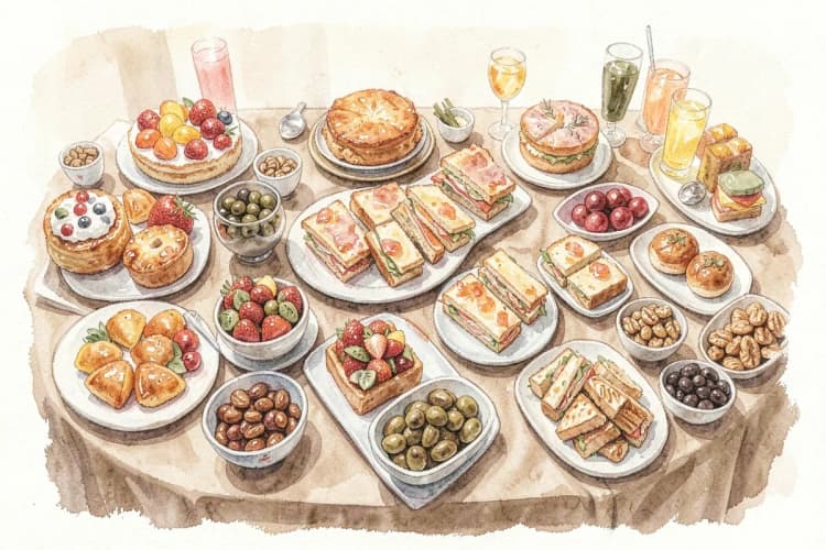 Mesa de buffet de casamento com diversas opções de doces e salgados.