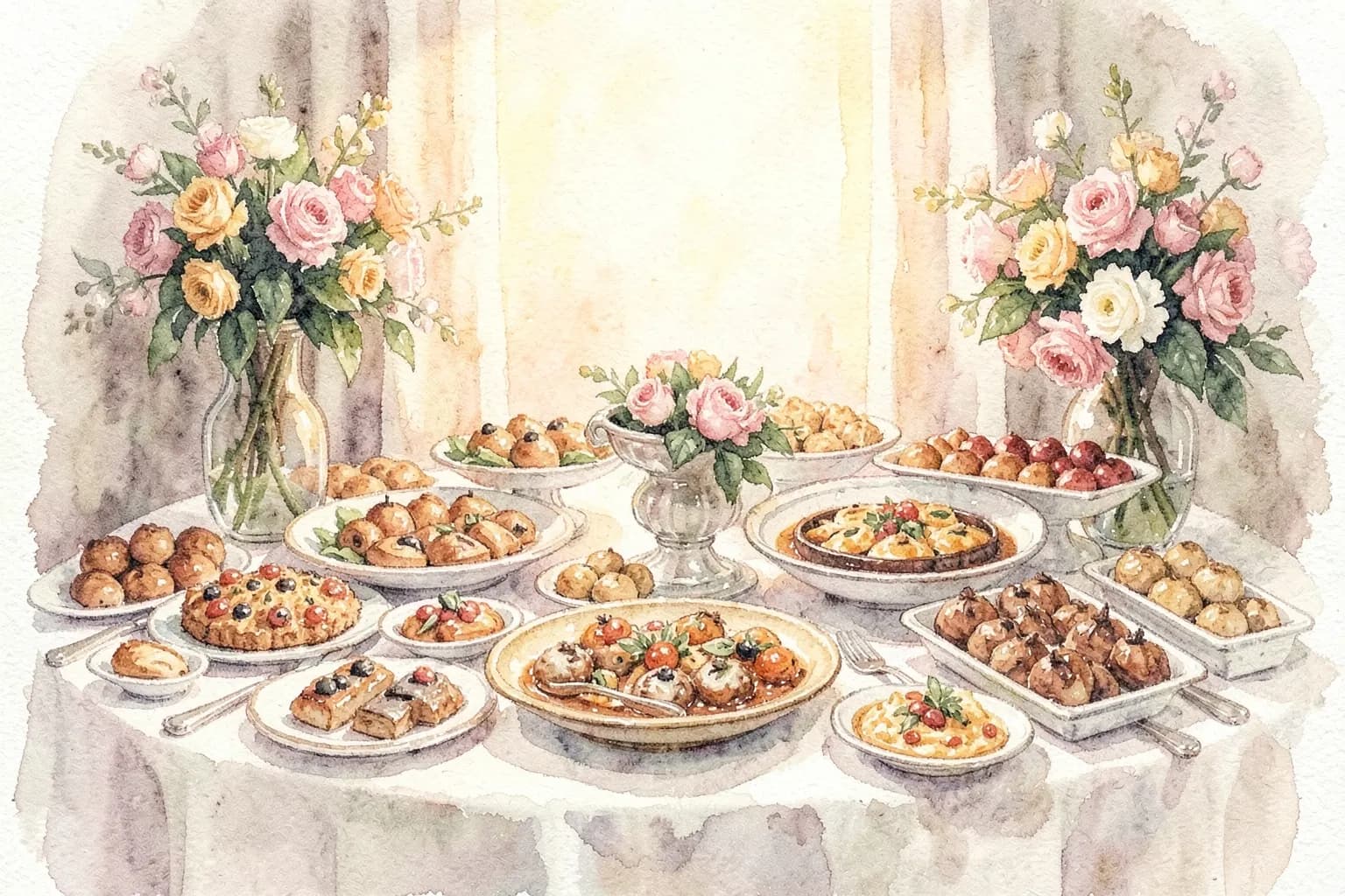 Mesa de buffet de casamento decorada com flores e arranjos, com foco em pratos variados e elegantes.