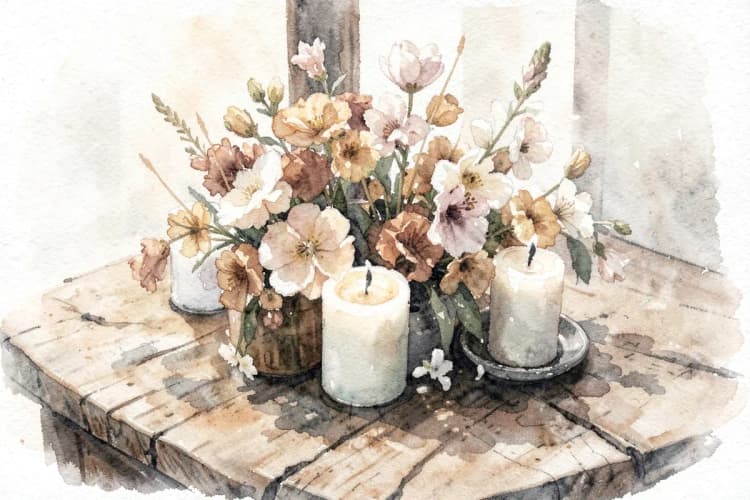 Mesa de madeira rústica com centro de flores e velas
