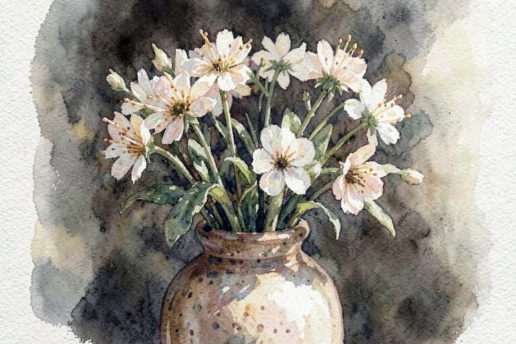Detalhe de um arranjo de flores silvestres em um vaso de cerâmica rústica