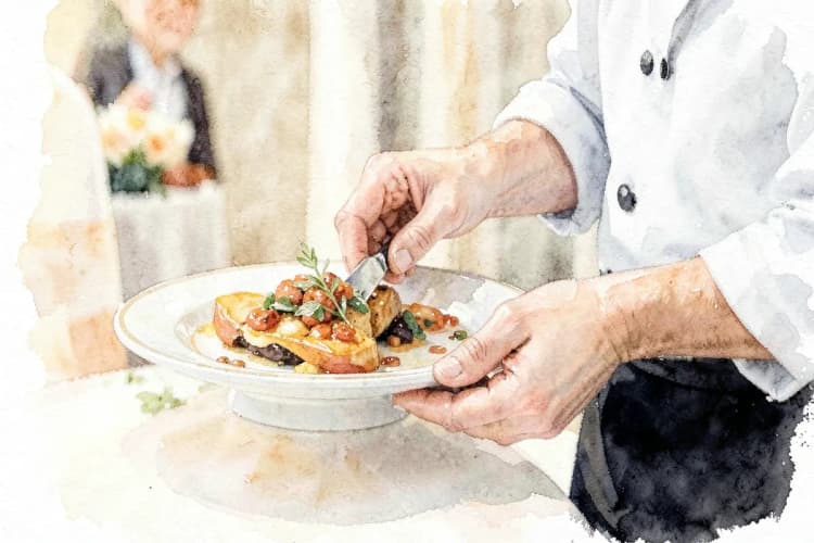 Chef apresentando um prato gourmet em um evento de casamento, com foco na culinária autoral.