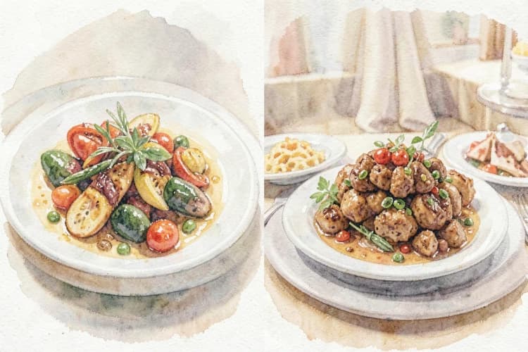 Comparação visual de um buffet autoral com pratos elaborados e um pacote fechado com opções mais tradicionais.