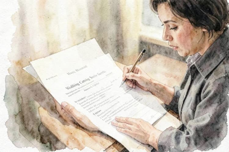 Pessoa lendo um contrato de serviço de buffet de casamento com atenção.