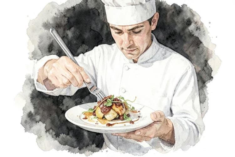 Chef apresentando um prato gourmet em um evento de casamento.