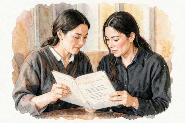 Casal escolhendo opções em um cardápio de casamento.