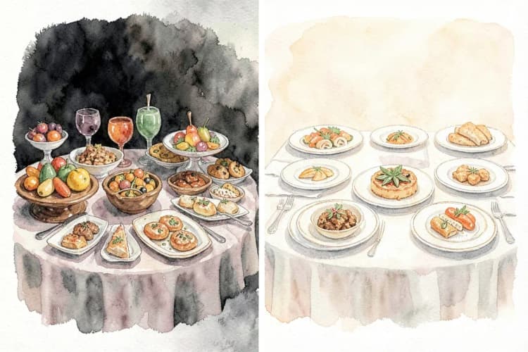 Comparação visual de duas mesas de buffet: uma autoral e outra de pacote fechado.