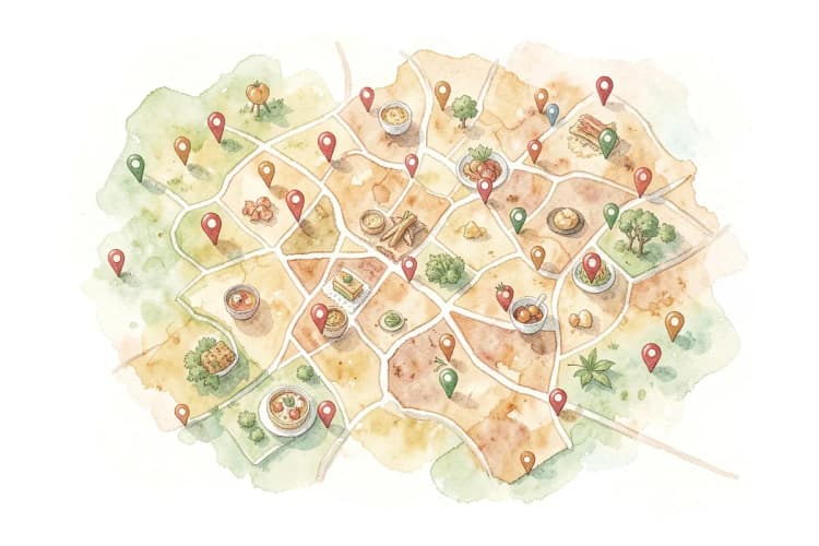 Mapa estilizado mostrando diferentes cidades com ícones de gastronomia.
