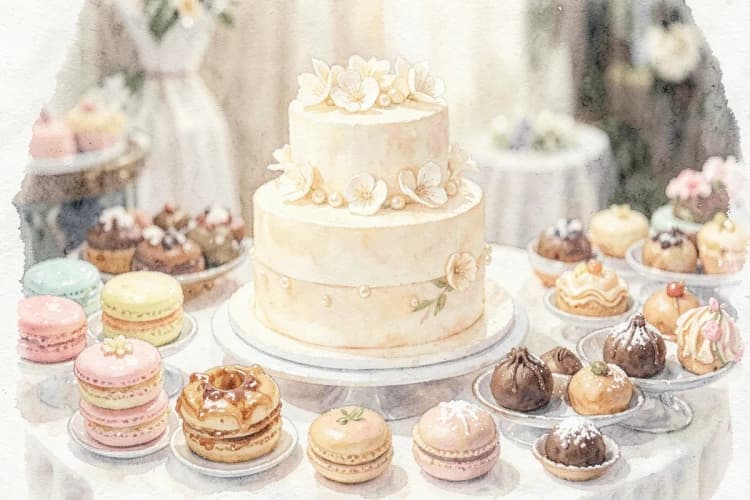 Detalhe de uma mesa de casamento com doces finos e bolo decorado.