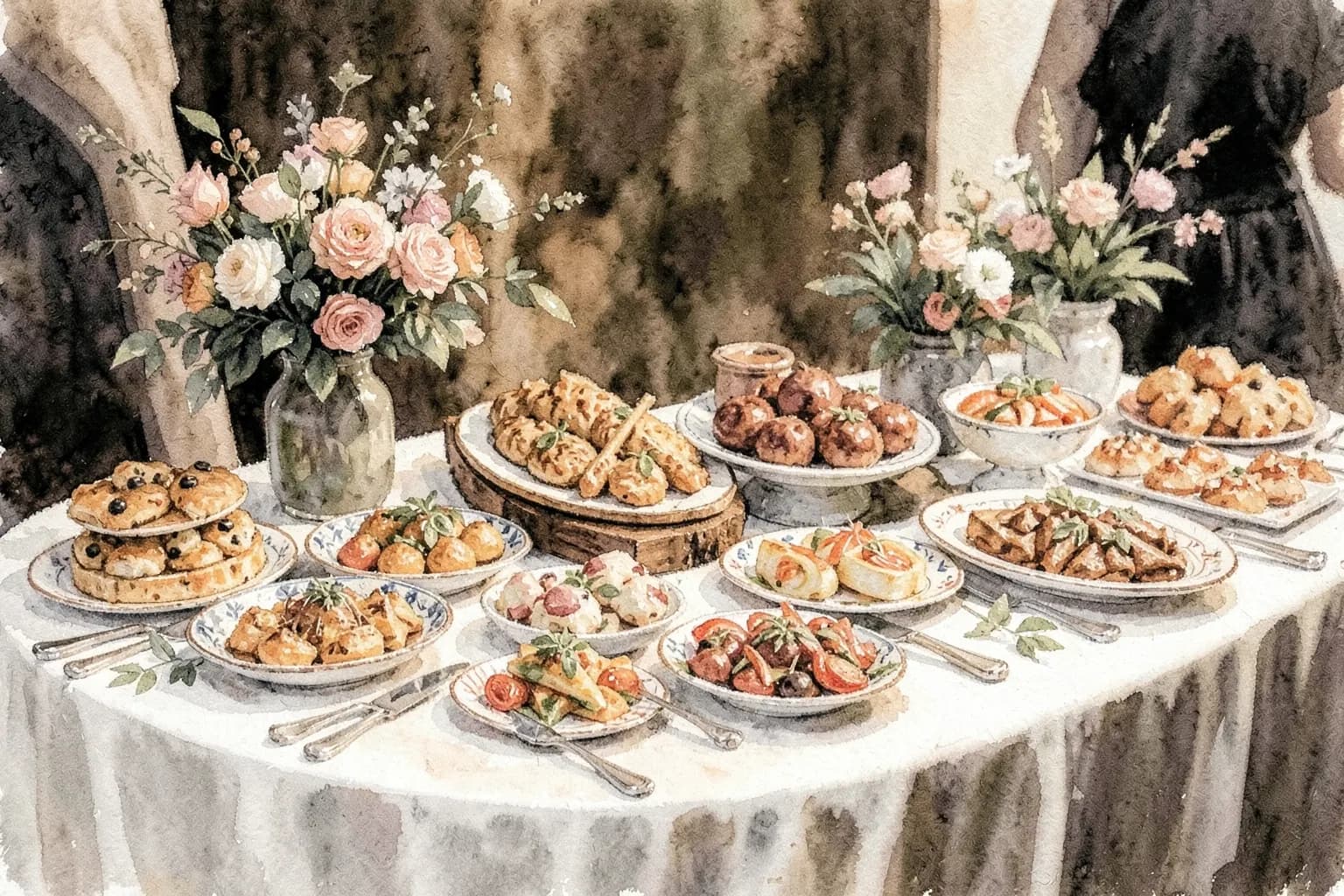 Mesa de buffet decorada com pratos variados e arranjos florais, pronta para uma recepção de casamento.