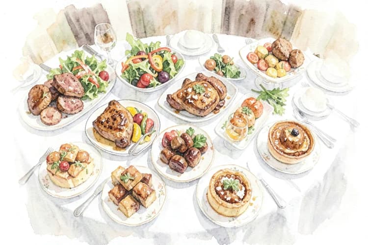 Vista aérea de uma mesa de buffet de casamento com diversas opções de comida.