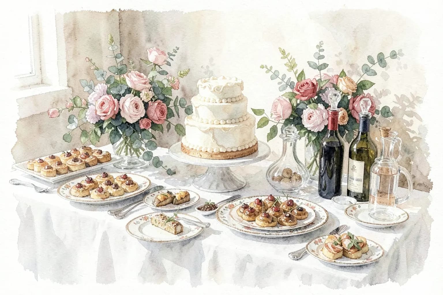 Mesa de buffet decorada com flores e pratos de comida para um casamento.