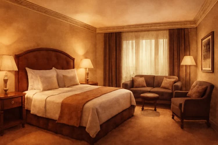 Interior de uma suíte de luxo com cama grande, sofá e decoração elegante.