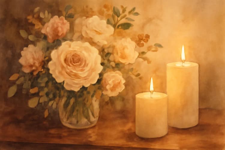 Detalhe da decoração de uma suíte de casamento com arranjos de flores e velas.