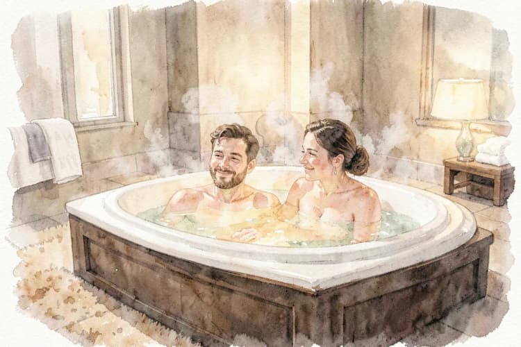 Casal de noivos relaxando em uma banheira de hidromassagem em uma suíte.