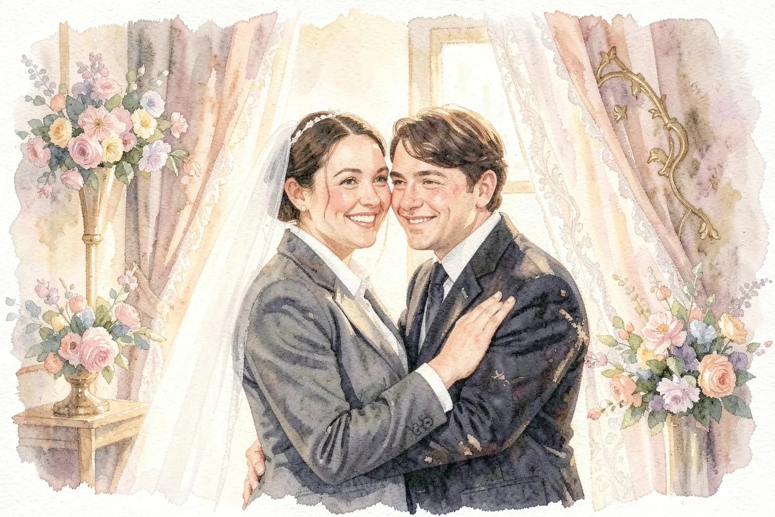 Noivos sorrindo e abraçados em uma suíte decorada com flores e detalhes românticos.